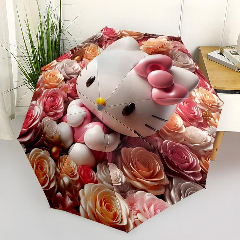 1pc Hello Kitty Floral Umbrella - Automatic Opening/Closing, Portable 3-Fold Design, 8-Bone Iron Frame, Outdoor Use, Perfect Gift for Fans, Travelers,