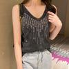 Women Vest V-Neck Sleeveless Shiny Hot Drill Decor Tank Tops Solid Color Knitting Camisole Parties Daily Wear
