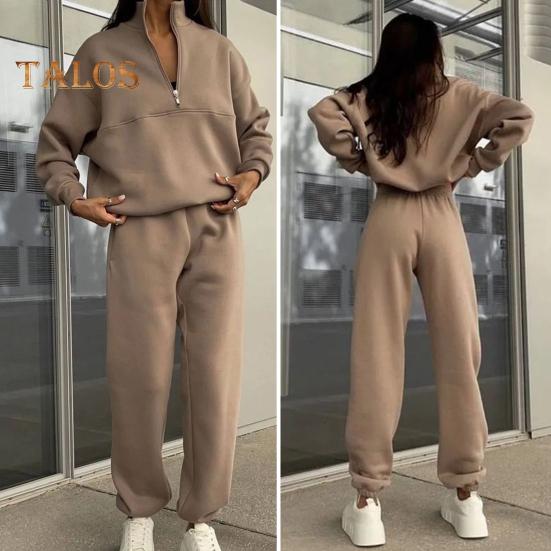 2 Pcs/Set Women Top Pants Set Half Zipper High Collar Long Sleeve Thickened Sweatshirt Stretchy Waist Ankle-banded Trousers Sport Fitness Tracksuit