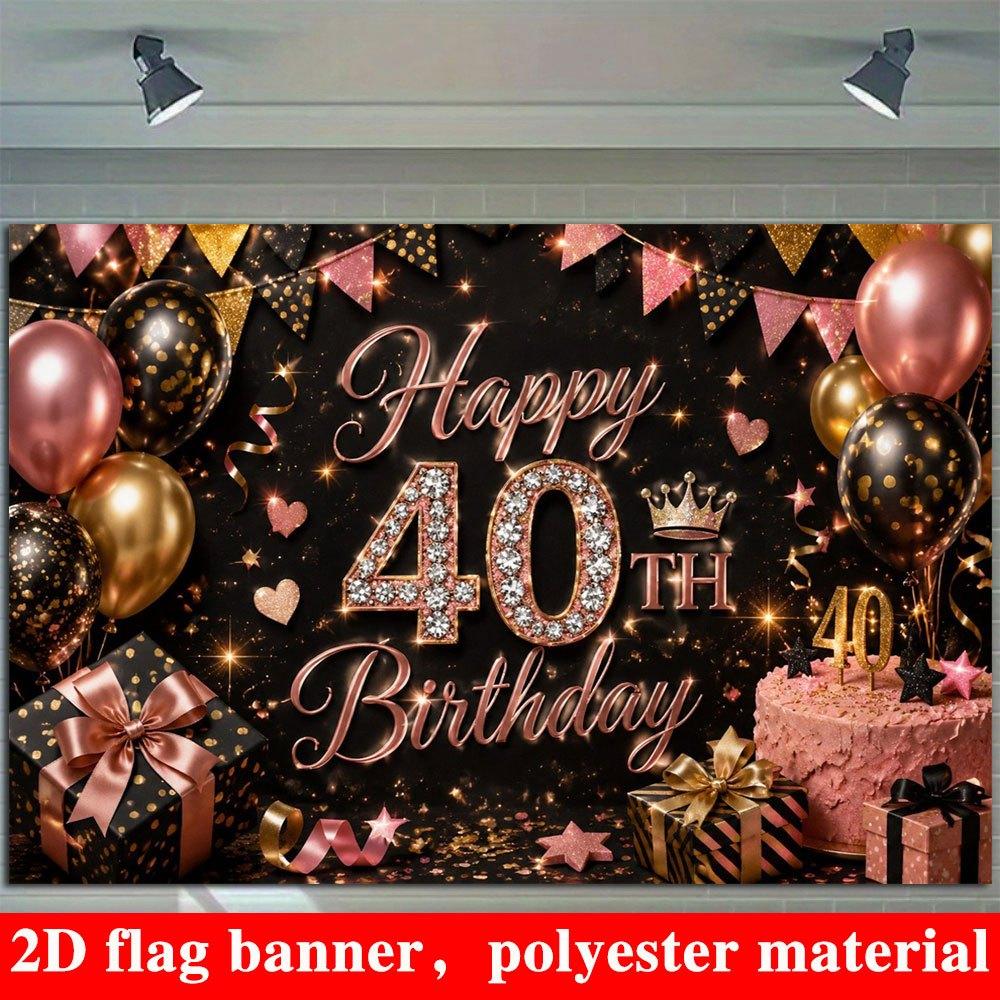 2D Flat Banner, 40th Birthday Backdrop, Balloons, Gift Boxes, Cakes, Polyester
