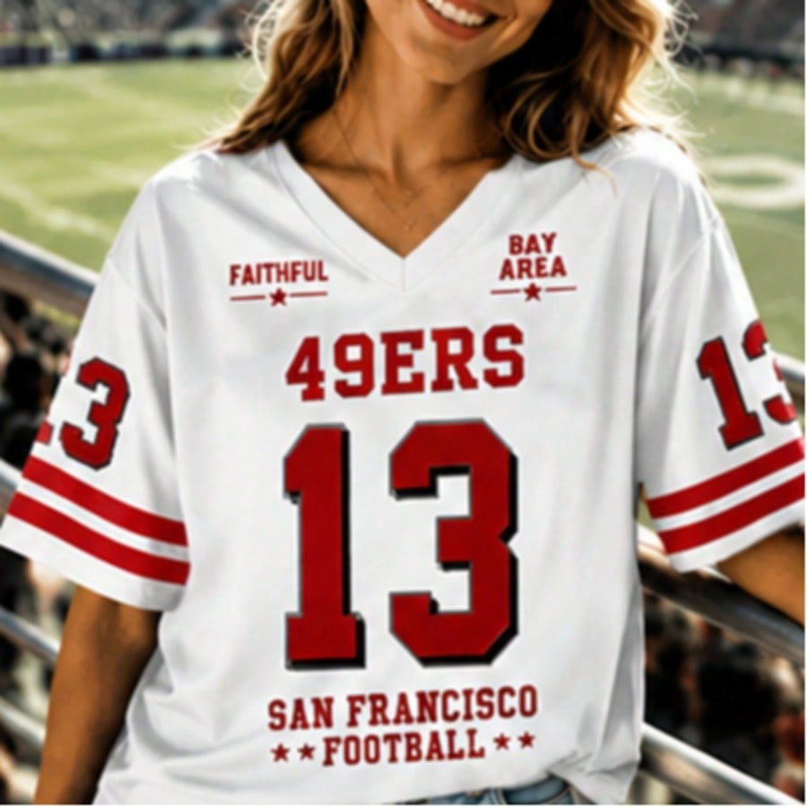 Mesh V Neck Jersey, San Francisco 49ers No.13 Graphic Short Sleeve Breathable Mesh Sport Top For Game Day Fan Outfit