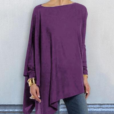 Сплошная цветная осенняя футболка с круглым вырезом и длинными рукавами, женская повседневная пуловер средней длины с неровным подолом, уличная одежда