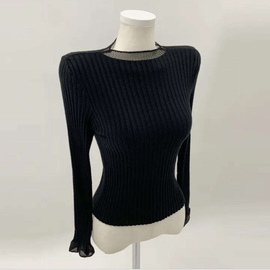 Chic Sheer Knit Top for Women – Long Sleeve, Half Neck, Ribbed Slim Fit, Office, Casual, Date Wear
