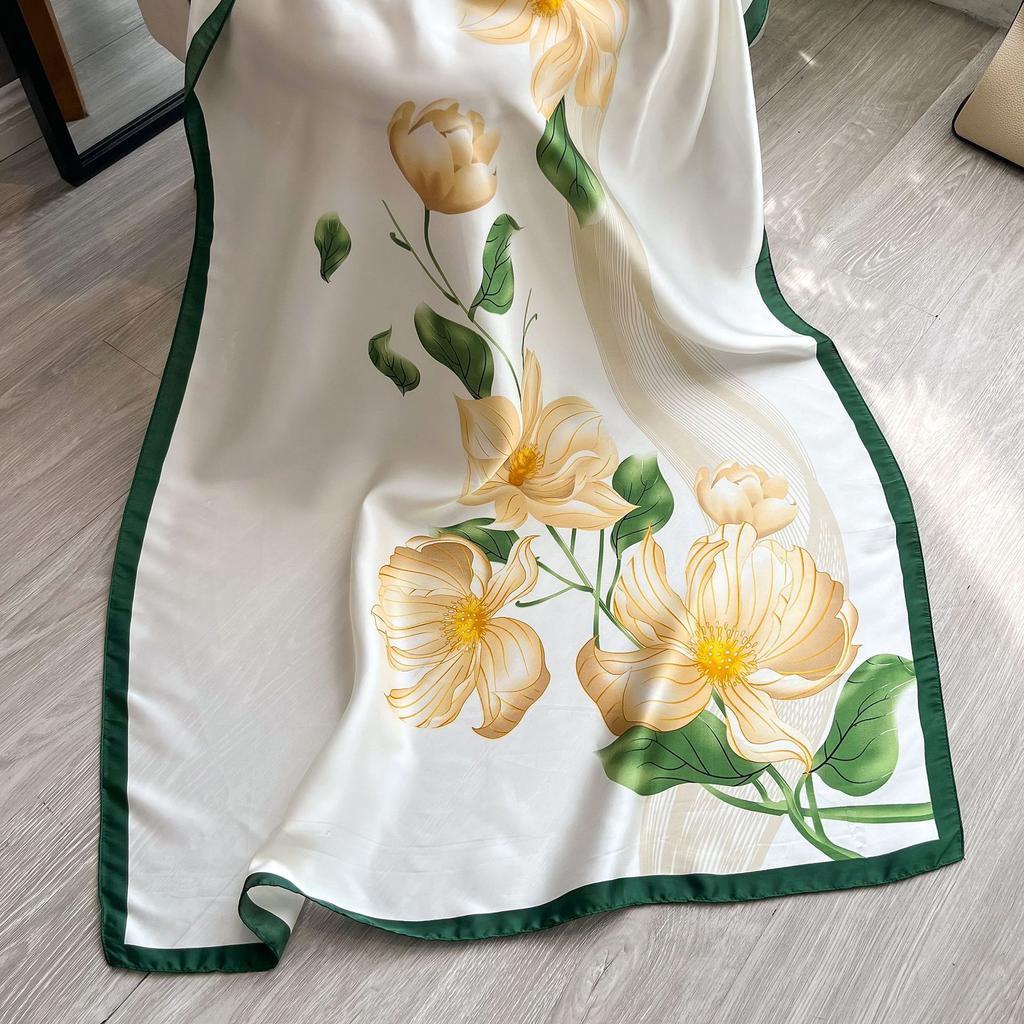 Шелковый шарф для весны и лета, женский элегантный длинный платок с листьями лотоса, дорожный солнцезащитный шарф