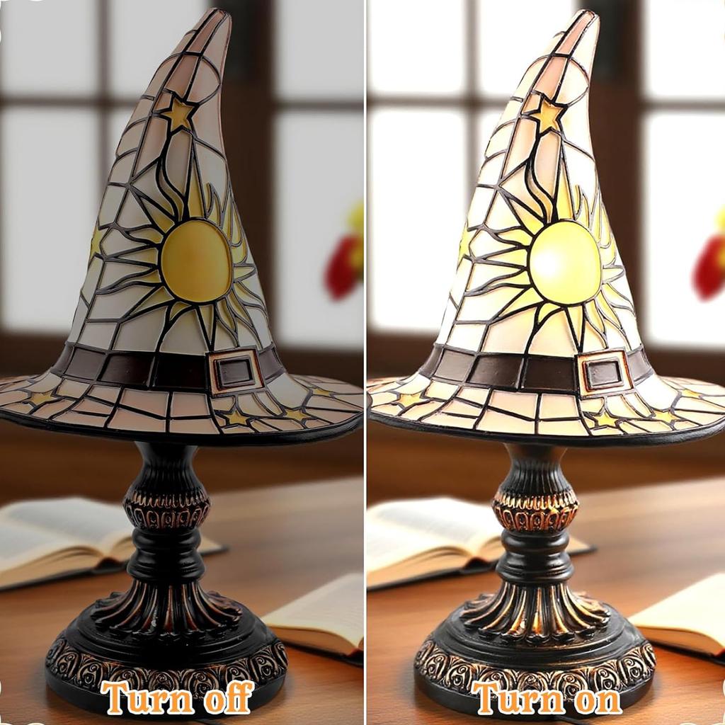 Gothic Halloween Night Light Witch Hat Lamp Handcrafted Resin Decor Mysterious Gothic Charm Ambient Glow