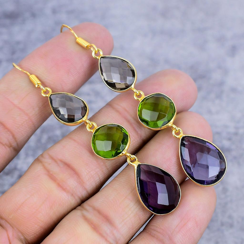 Amethyst, Peridot Gemstone 925 Sterling Silver Jewelry Earring 2.99" M-2646