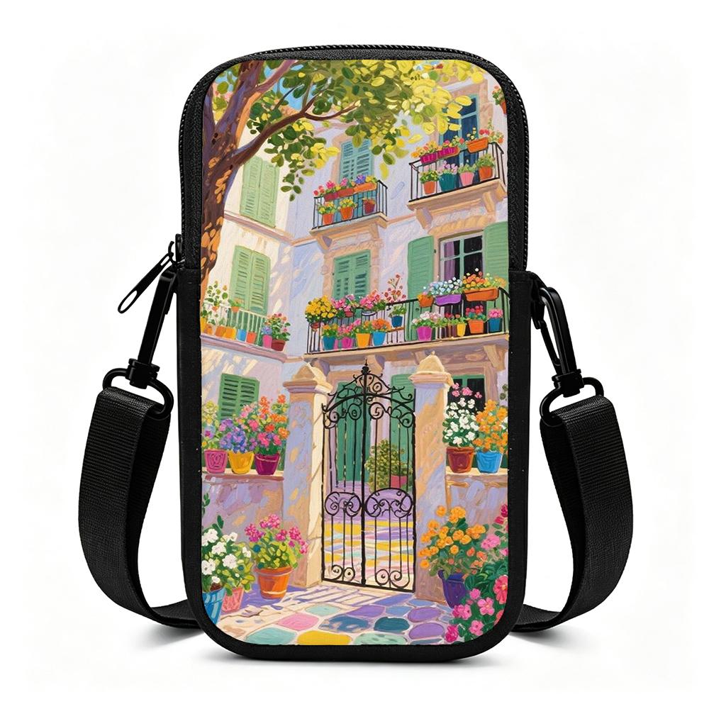 2D-Mediterranean Colorful Courtyard Entrance Wrought Iron Gate Pastel Building Impressionist Painting Pattern Crossbody Phone Bag