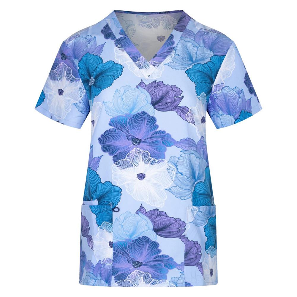 Женские топы с короткими рукавами и карманами, рабочая униформа, футболки с принтом «Цветок и кошка», униформа, халаты с короткими рукавами для женщин