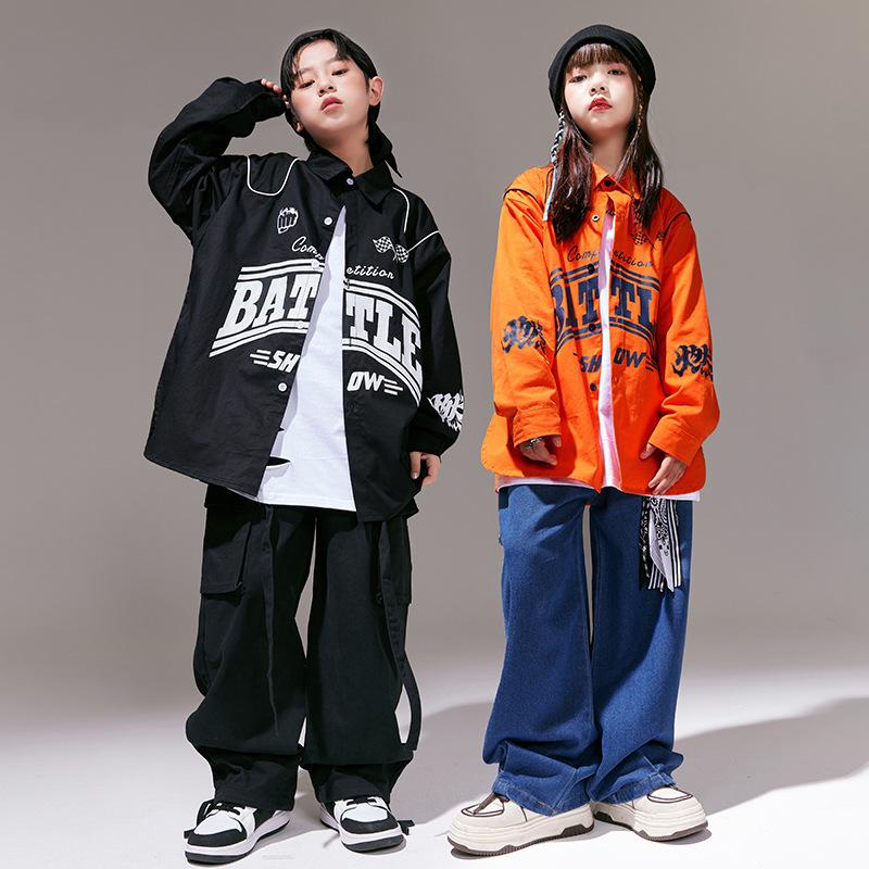 Spring Children's Hip Hop Girls Cool Shirt Loose Jeans Boys Jazz Jacket Cargo Pants Children Streetwear Costumes Kids Street Dance Clothes Sets