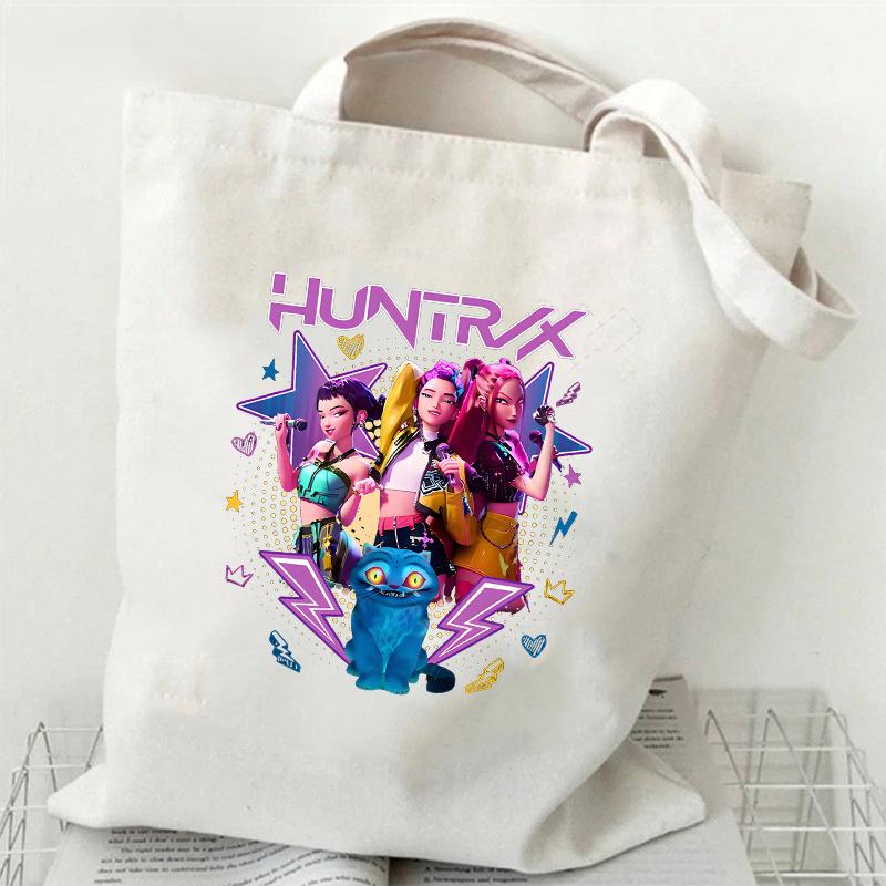 Сумка-тоут из холста с принтом KPOP Demon Hunter Girl Group HUNTRX, на плечо, студенческая