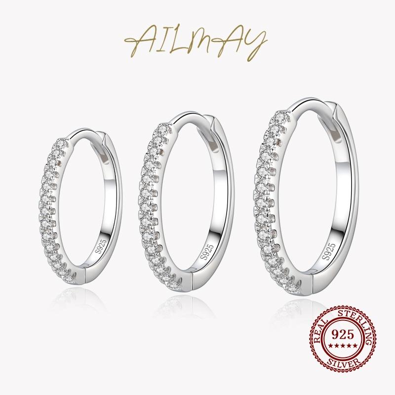 100 %925 Sterling Silver Clear Zircon Simple Fashion Hoop Earrings For Women Girls Anti -Allergy Fine Jewelry Gifts