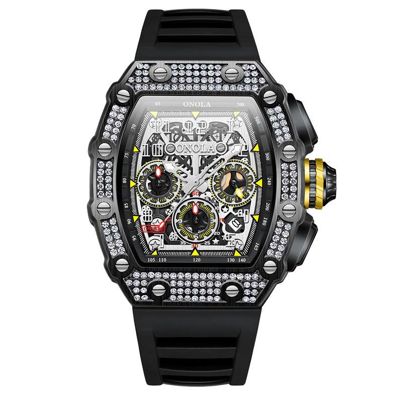 New Fashion Full Diamond Top Brand Multi-function Waterproof Quartz Men's Watch Silicone Band Sports Watch