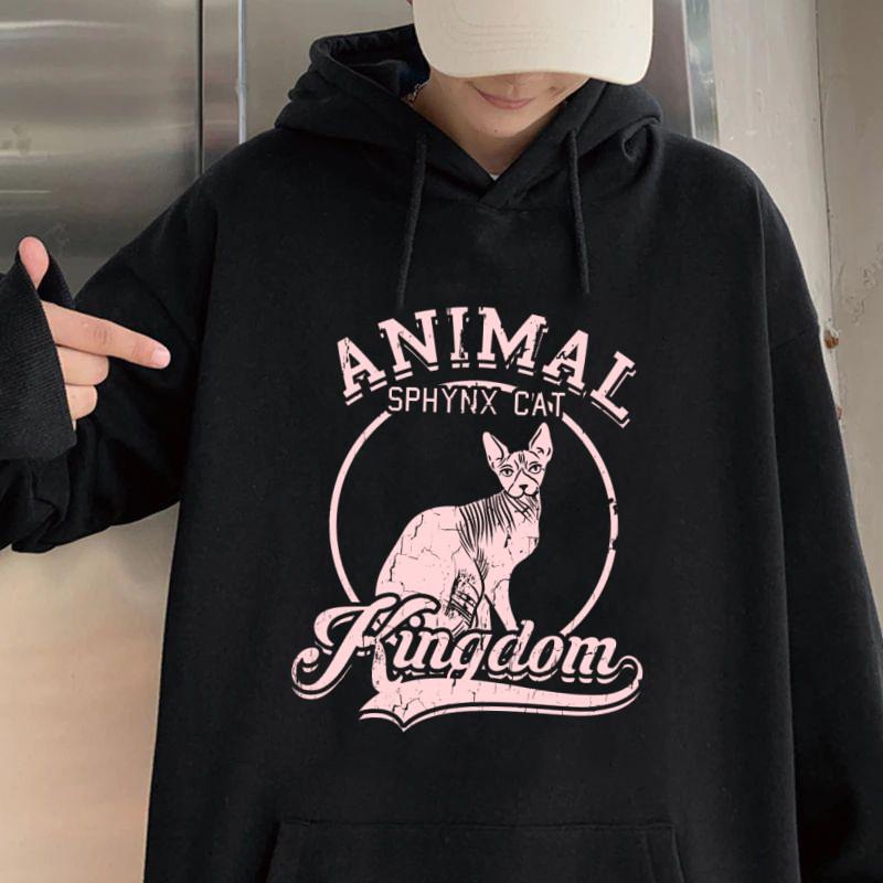 Pink Hoodies Woman Harajuku Animal Sphynx Cat Kungdom Long Sleeve Y2k Tops Winter Loose Hoodie Print Sweatshirt Women Clothes
