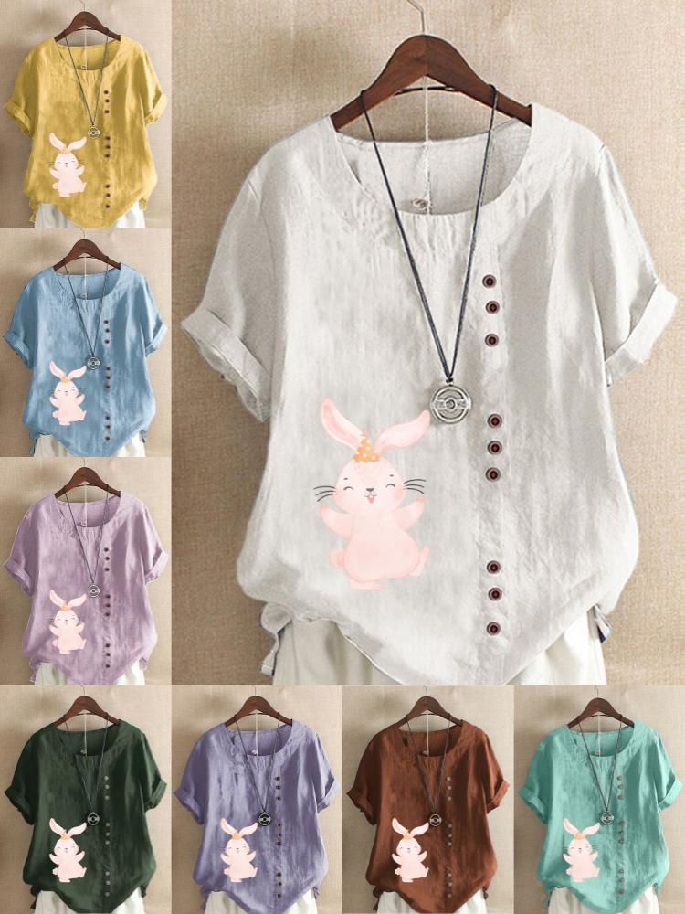 Women's Fashion Cute Rabbit Print Shot Sleeve T-shirt Loose Cotton Shirt Casual Loose Summer Blouse Tops Plus Size