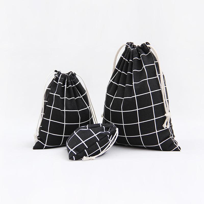 3 Pcs/set Simple Cotton Linen Lattice Drawstring Bag Travel Jewelry Phone Cosmetic Canvas Storage Bag