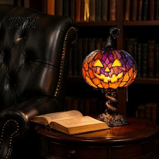 Gothic Home Decor Stained Glass Halloween Pumpkin Table Lamp, USB Powered Resin Night Light with Warm Glow, Desktop Decorative Ornament for