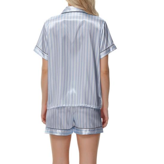 2 шт./комплект женский рубашка шорты костюм плюс размер лацкан короткий рукав атласный полосатый контрастный цвет топ эластичный пояс короткие брюки одежда для отдыха наряд