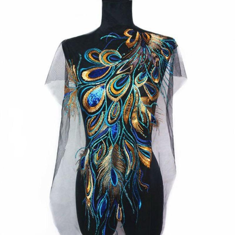 Красно-синее вышитое пайетками перо феникса павлина черное сетчатое свадебное платье аппликация кружевная отделка шитье нашивки платье своими руками