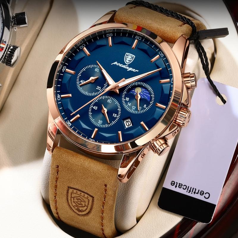 Новейшие модные спортивные часы, многофункциональные стрелки, водонепроницаемый светящийся кожаный ремешок, три дисплея с календарем, роскошные мужские часы