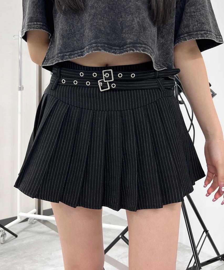 WEGO Figments Double Belt Striped Pleated Mini Korean Size Black Skirt, Style, Women's, M,