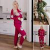 2 Pcs/Set Women Fall Winter Set Christmas Tree Snowman Santa Print Sequin O Neck Long Sleeve Top Elastic Waist Pants Set New Year Holiday Party