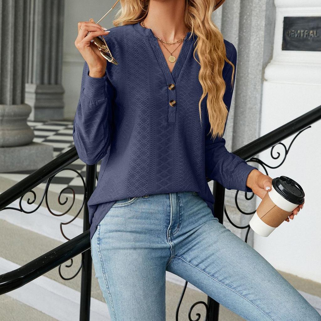 JKASHDK Женские модные повседневные весенне-осенние однотонные топы с v-образным вырезом и длинными рукавами с принтом, блузки и рубашки