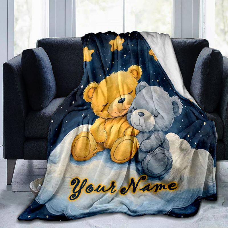 1PC Custom Name "Teddy Bears Cloud Night Sky" blanket versatile,all-season throw suitable for the living room,bedroom,camping,travel,and gift