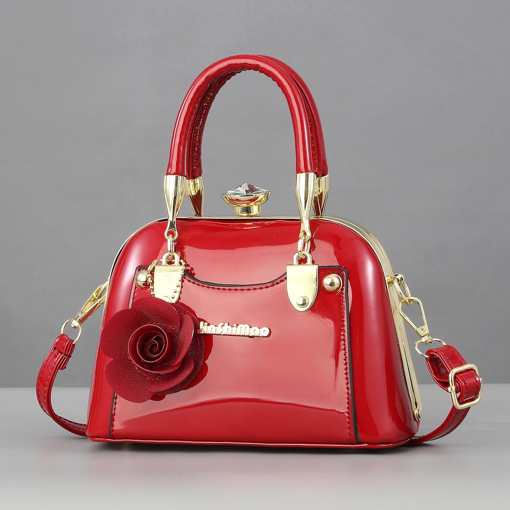 Textured Bright Leather European and American Fashion Handbag Shoulder Bag Large Capacity Messenger Bag Shell Bag Dinner Bag