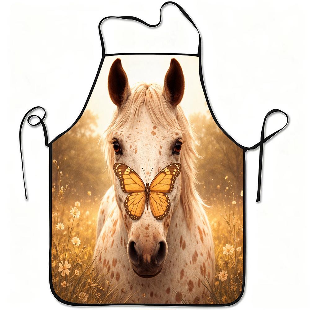 1pc Horse And Butterfly Artistic Print Apron, Durable And Easy to Clean, Adjustable Waistband, Polyester Material, for Kitchen C