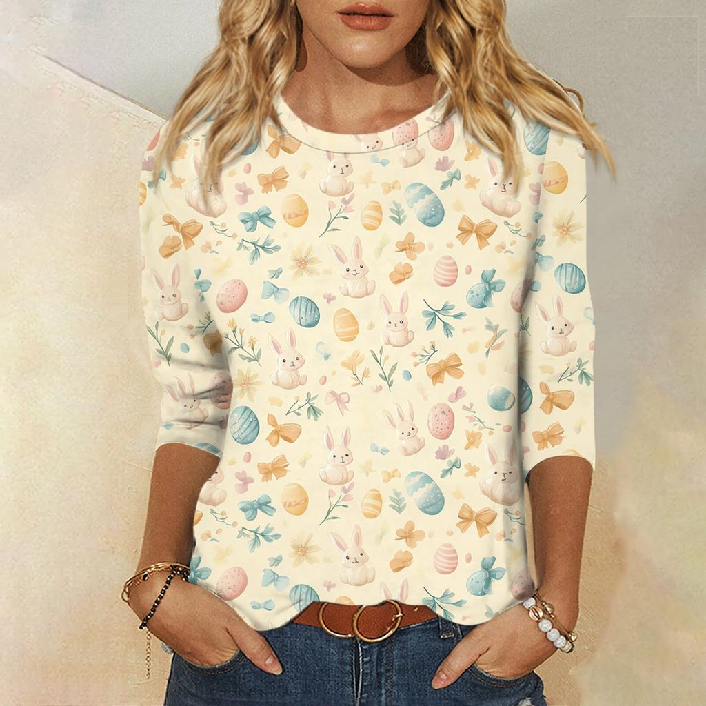 Топы с рукавами 3/4 для женщин, футболка, повседневные топы с принтом, футболка, пуловер с круглым вырезом, блузка