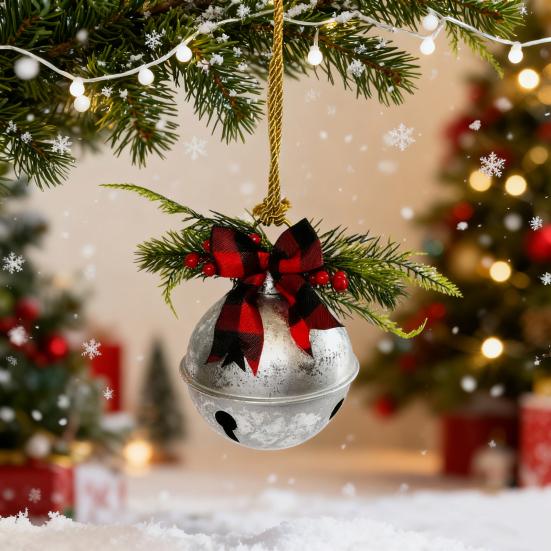 Рождественский колокольчик, деревенский рождественский колокольчик с сосновыми иглами, красными ягодами и клетчатым бантом для праздничной двери