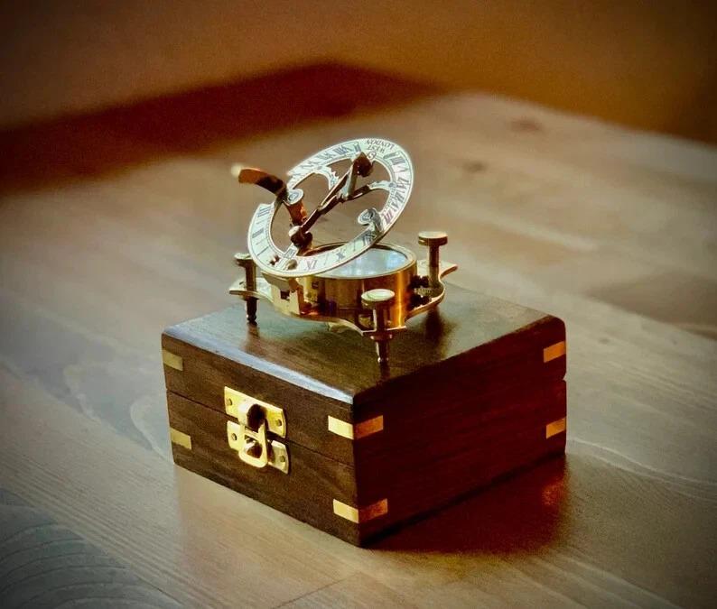 Brass Sundial Compass 3” Inch W/ Beautiful Wooden Box Antique Vintage Style Gift