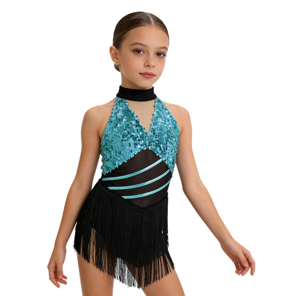 Kids Girls Cha-cha Salsa Latin Dance Costume Shiny Sequins Halter Sleeveless Mesh Waist Keyhole Metallic Back Tassels Leotard Dancewear