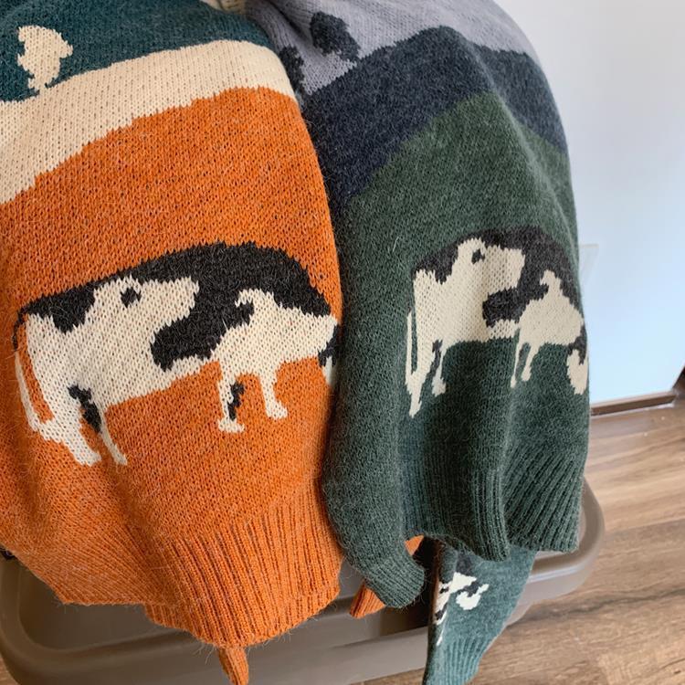 Свитер в стиле ретро с круглым вырезом и коровьим узором, мужской зимний модный пуловер, женский повседневный трикотаж