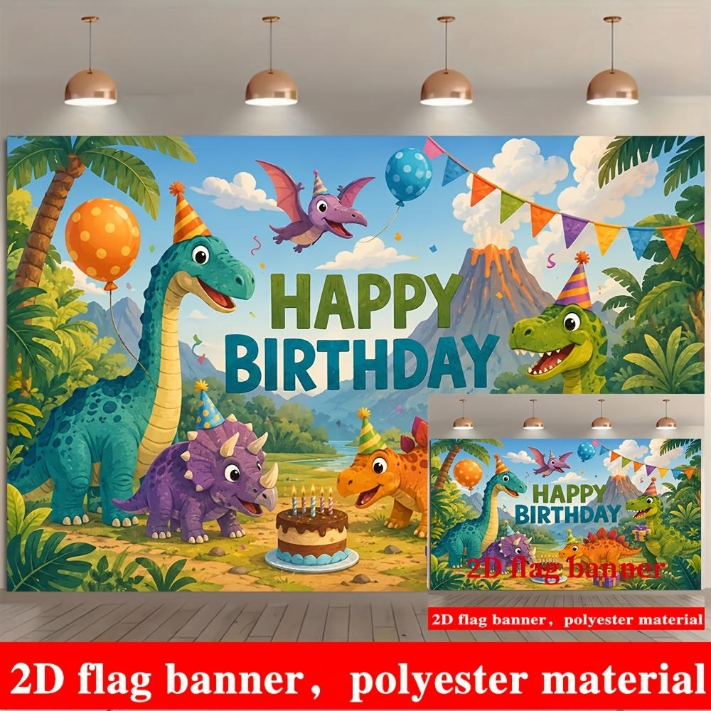 Cartoon Dinosaur Happy Birthday Banner Backdrop Balloons Jungle Volcano Theme
