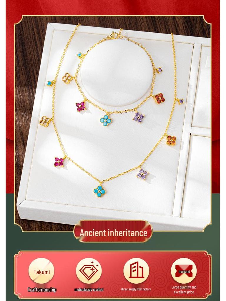 Вьетнам Золотой Минималистичный Набор Ожерелье Четырехлистный Клевер и Браслет Цветок с Инкрустацией Цирконами