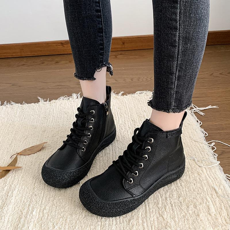 Women Pu Leather Ankle Boots New Lace-Up Platform Shoes Ladies Wide Fit Short Boots Woman Oxfors Sneakers Brown Booties