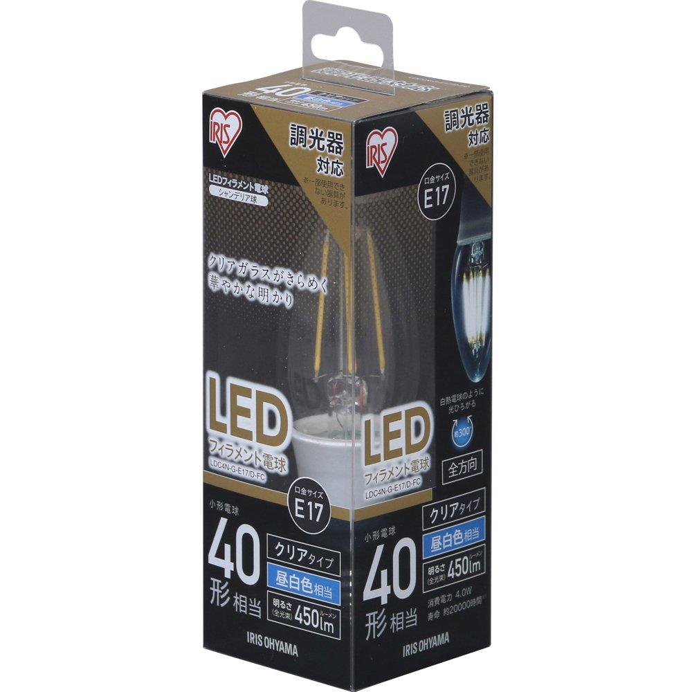 Iris Ohyama LED 17mm Base 40W Daylight Full Beam Bulb, Filament, Diameter, Equivalent, White, Distribution, Dimmable, Clear, LDC4N-G-E17/D-FC