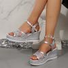 Women's Fashion Silver Wedge Heel Sandals Summer Shiny Crystal Platform Sandals Woman Breathable Mesh Thick Sole Sandalias Mujer