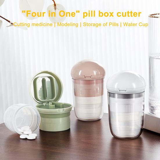 4-in-1 Pill Crusher Cutter with Stainless Steel Blade V-Shaped Splitter Drinking Cup Pill Grinder