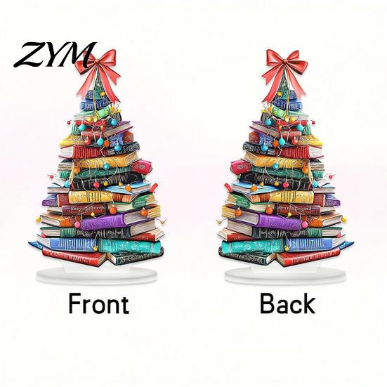 Reading Enthusiast Office Accessories Stacked Book Christmas Tree Ornament, 2D Flat Stacking Holiday Hanging Decoration, Knowledge Symbol Decor Theme
