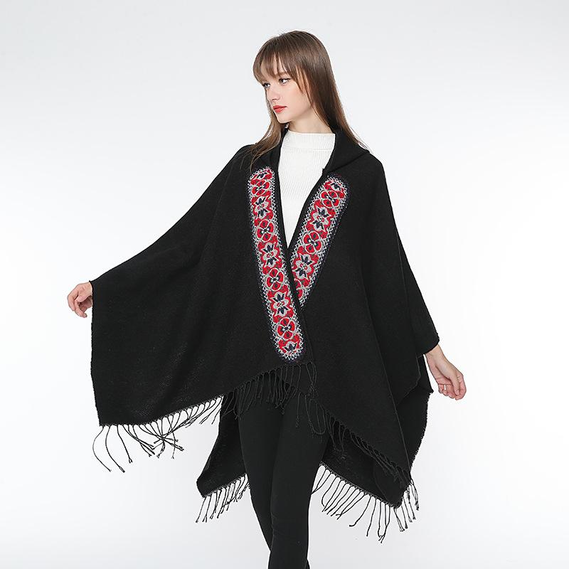 Autumn and Winter Style Imitation Cashmere Scarf, Women's Retro Fringed Embroidered Hat, Thickened Shawl, Cape