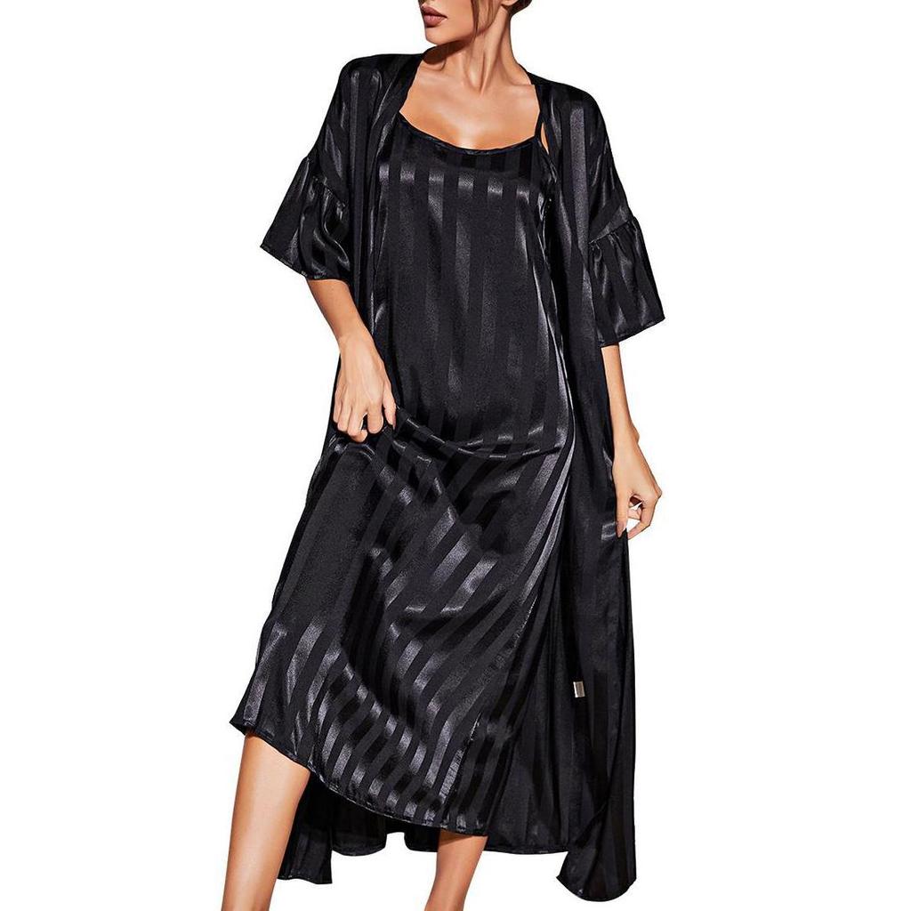 Women’s Nightgown Slip Night Dress 2 Pieces Set Satin Stripe Pajamas Dressing Gown Robe Sleepwear Home Wear Spring Autumn Sleep Lounge Clothes