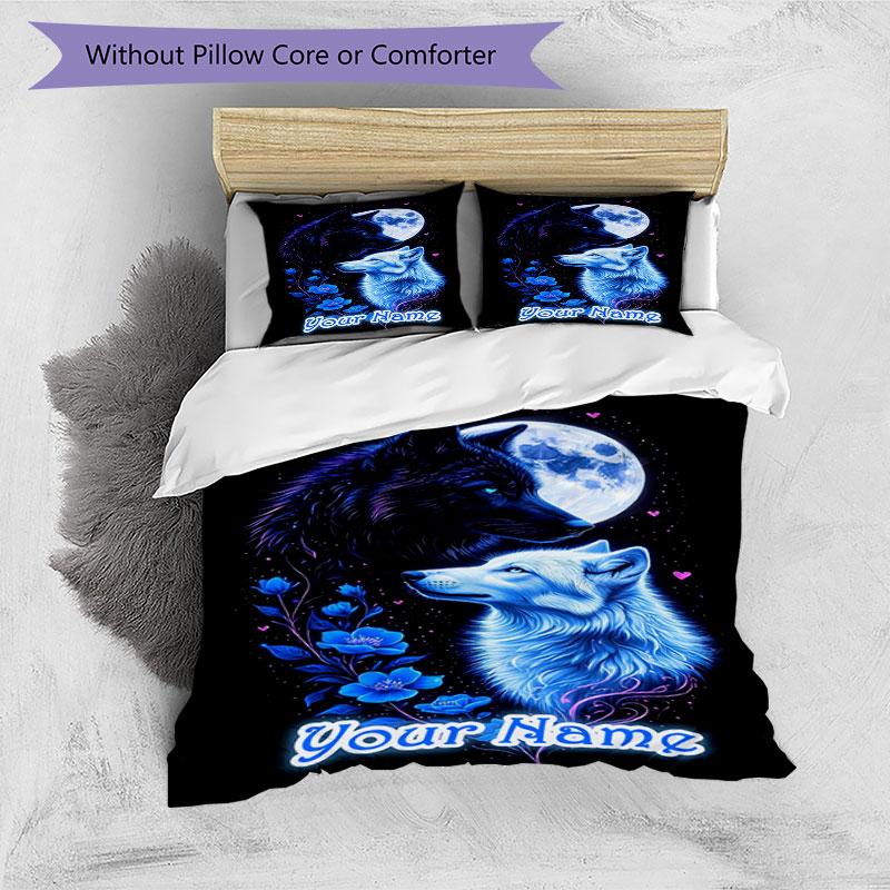 3PC Custom Name Wolf Moon Night Bedding Set Printed Bedding Set Duvet Cover Closure Includes 1 Duvet Cover & 2 Pillowcases for All Seasons Bedroom