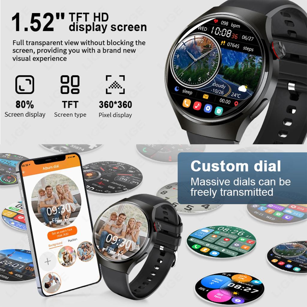 LIGE GT4 Original Smart Watch HD Full Touch Screen Multi-function Bluetooth Call Health Monitoring Sports Fitness Smart Bracelet Waterproof Men Watch