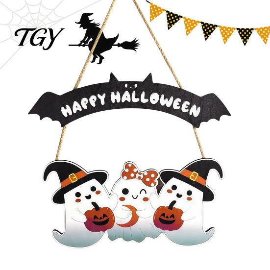 Festive Party Props Happy Halloween Ghost Door Sign, Wooden Three Wall Plaque Hanger, Front Hanging Supplies Decorative Sign
