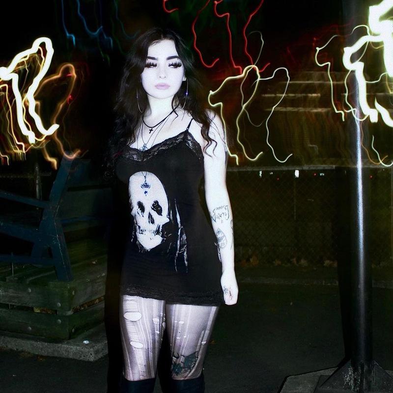 AltGoth Cyber Punk Gothic Dress Women Streetwear Harajuku Skull Printed Sleeveless High Waist Bodycon Dress Grunge Rave Outfits