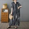 Summer Black Striped Foreign Trade Cotton and Linen V-neck Short-sleeved Long Loose Casual Large-size Dress Women's Clothing