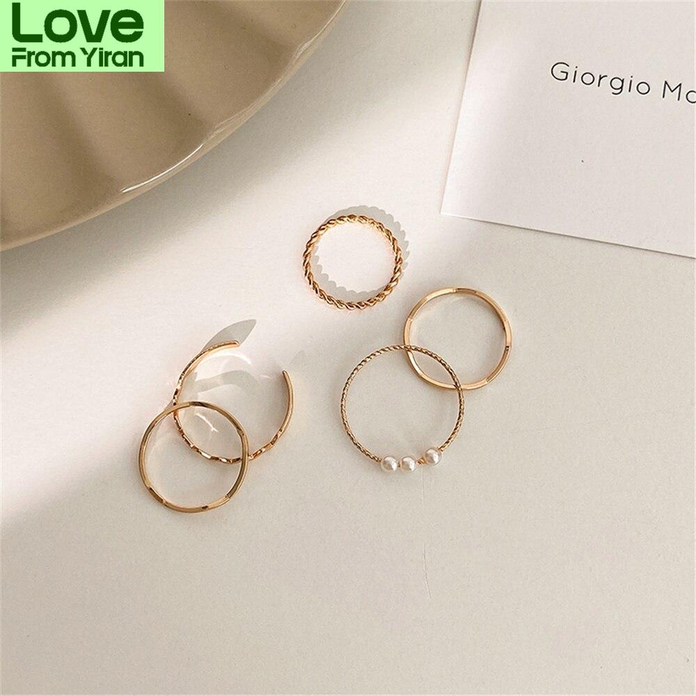 5pc /Set New Trend Temperament Pearl Ring Female Retro Design Fashion Personalized Ring Ins Hand Formal Elegant Jewelry For Women