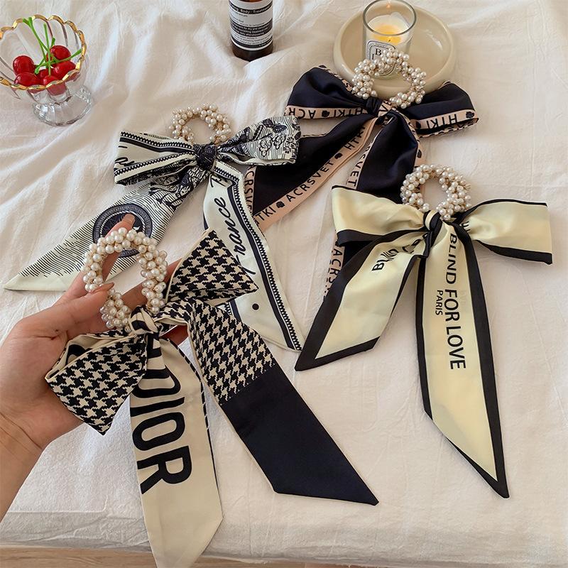 Винтажная шелковая резинка для волос с отделкой жемчугом и различными узорами для женщин